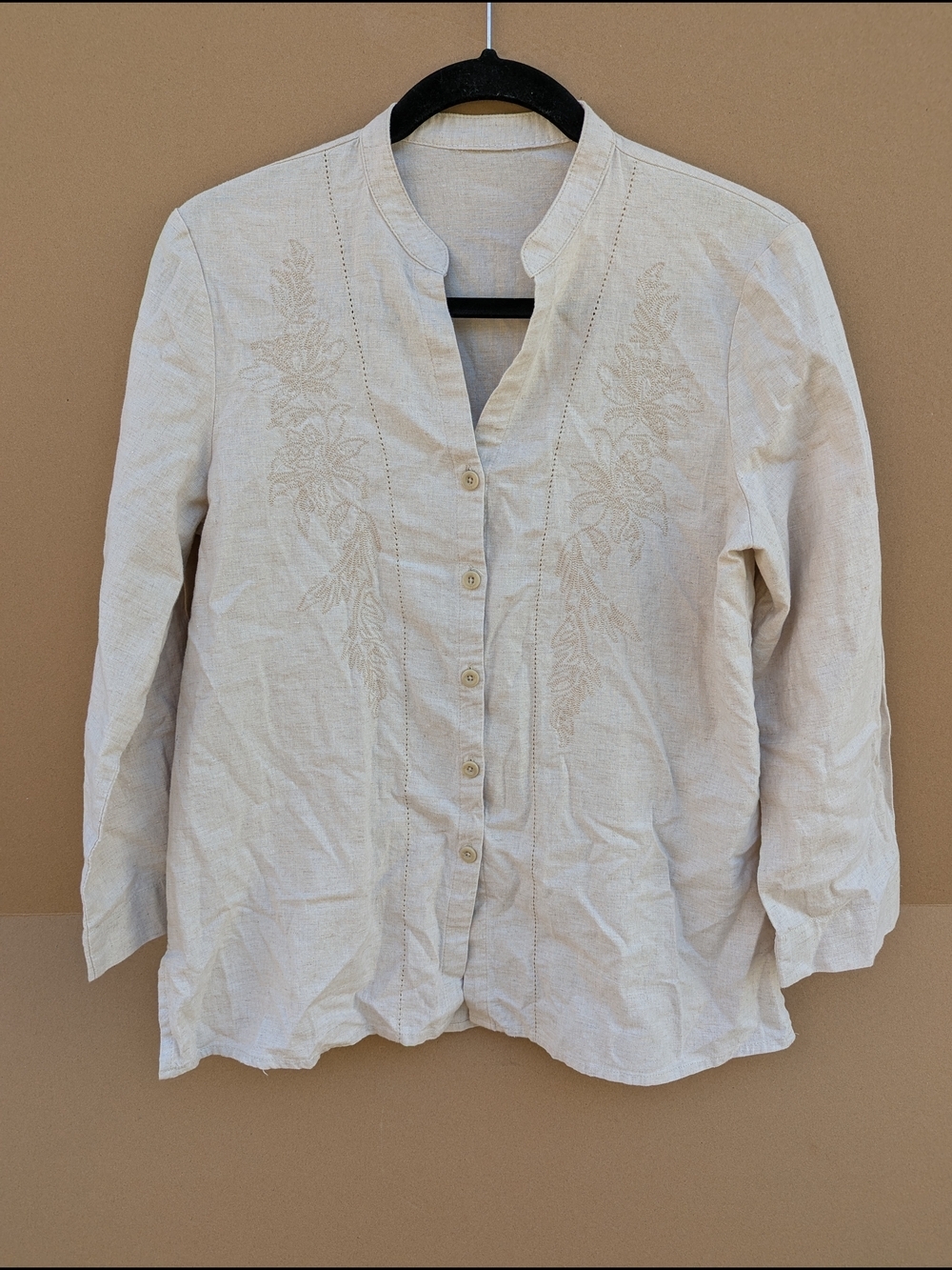 Linen Embroidered Mandarin Collar Button Up Shirt Beige  Long Sleeve Women's